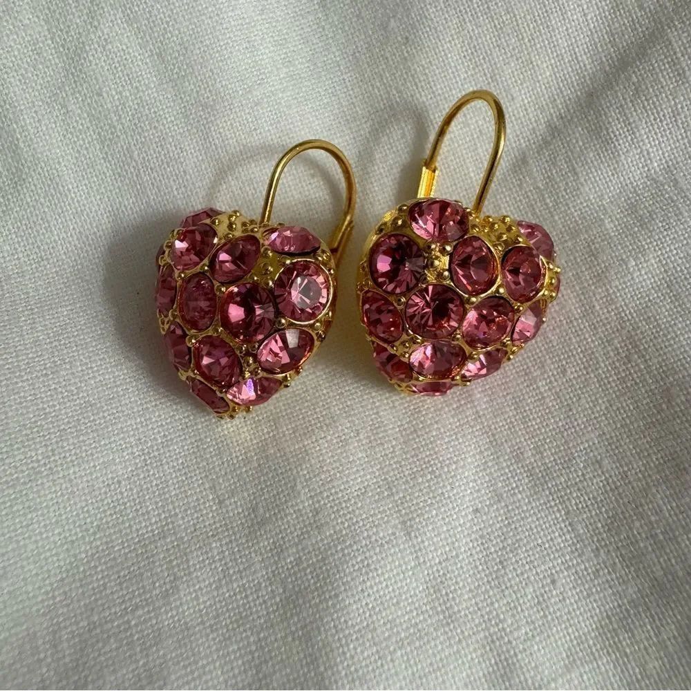Amanda Stewart Gold With Pink Rhinestones Heart Pierced Earrings